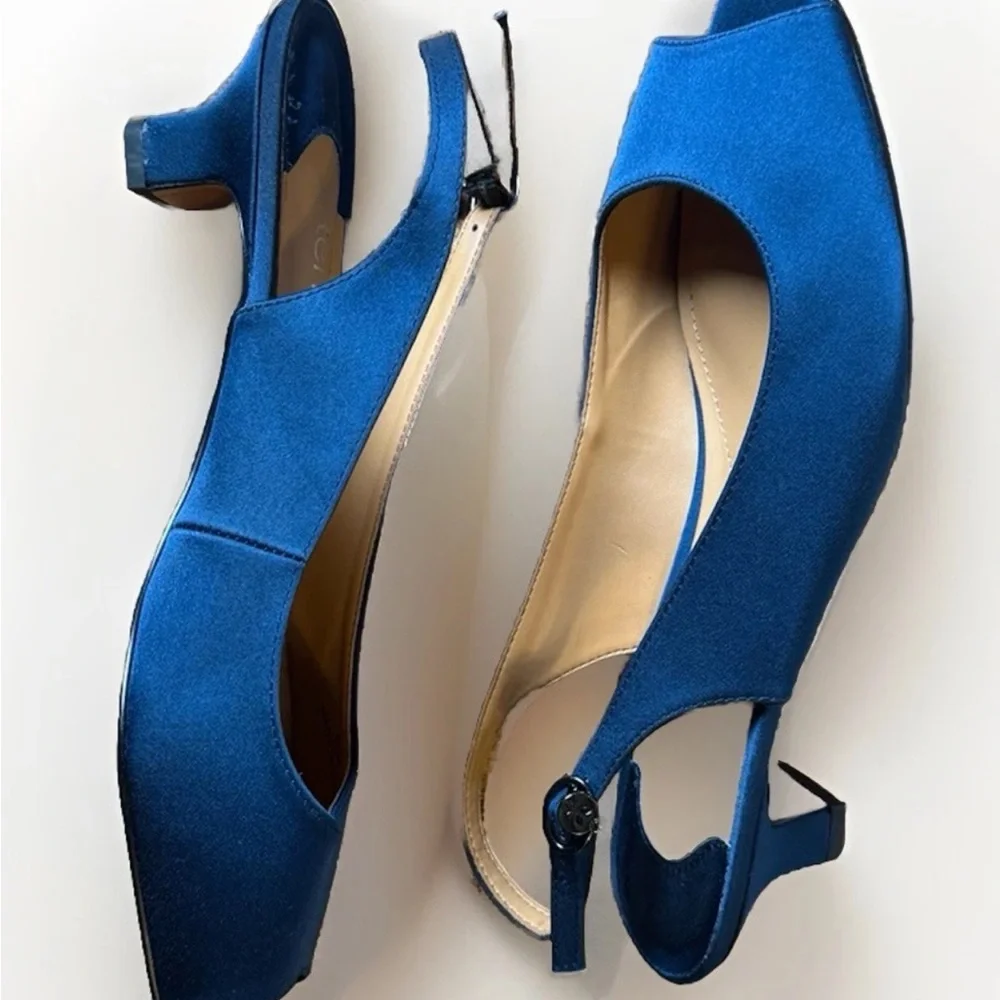 (9.5) J.Renee Elegant Slingback Dark Blue Peep-Toe Heels